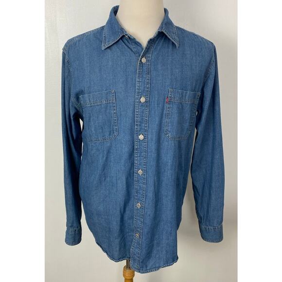 Men Levi Strauss denim blue jean metal button up lightweight cotton shirt, L - Picture 1 of 4
